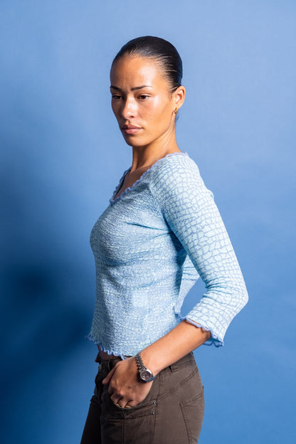 Roberto Cavalli Class Textured Animal Patterned Electric Blue Top