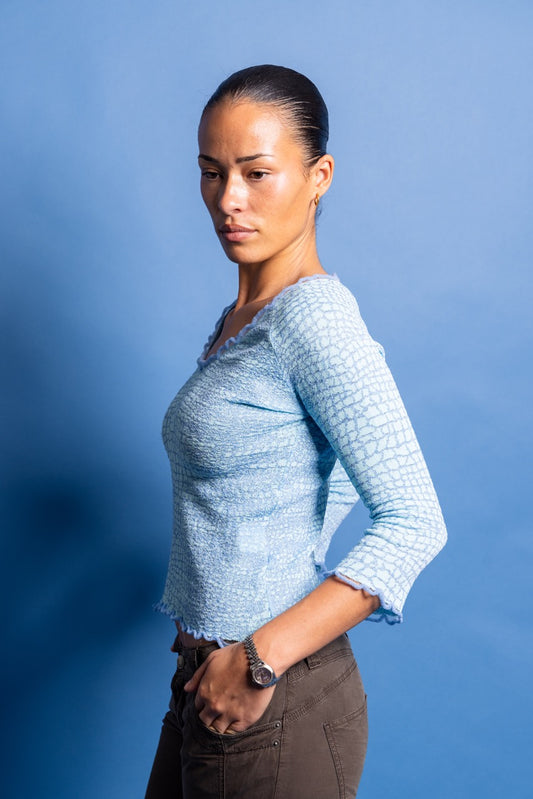 Roberto Cavalli Class Textured Animal Patterned Electric Blue Top