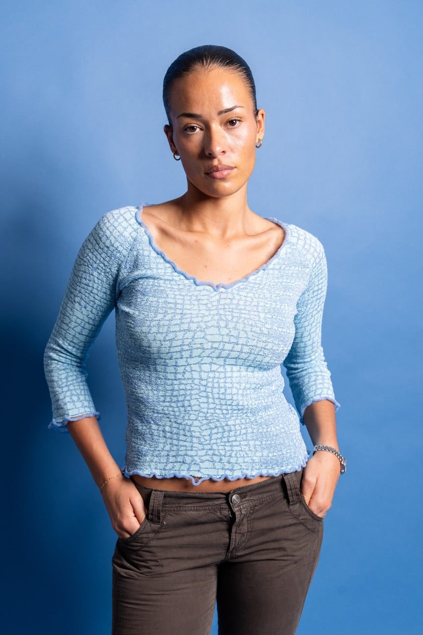 Roberto Cavalli Class Textured Animal Patterned Electric Blue Top