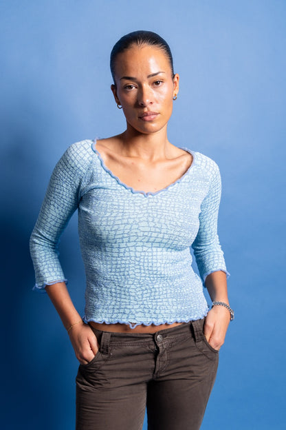 Roberto Cavalli Class Textured Animal Patterned Electric Blue Top