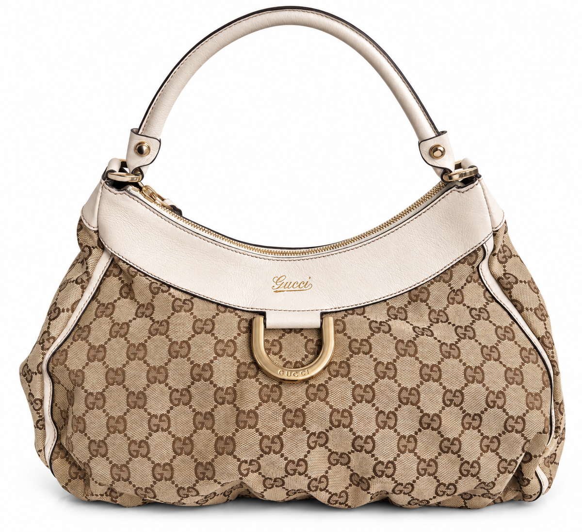 Gucci GG Canvas White Trim Abbey D-Ring Hobo Bag