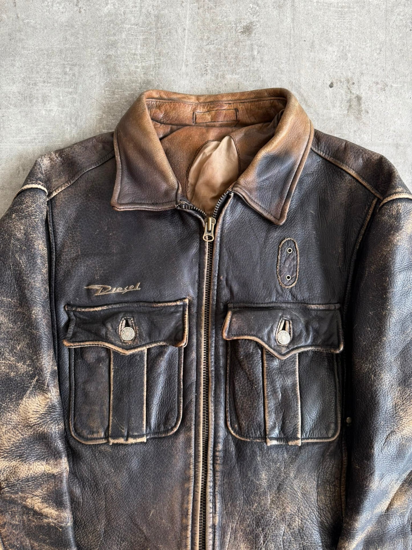 1990's Diesel Distressed Brown Leather Bomber Jacket