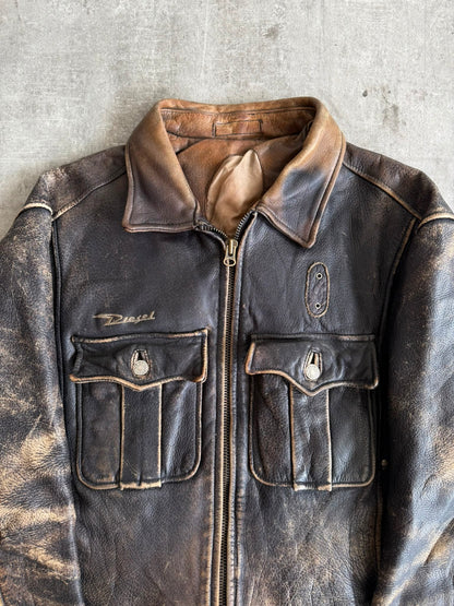1990's Diesel Distressed Brown Leather Bomber Jacket